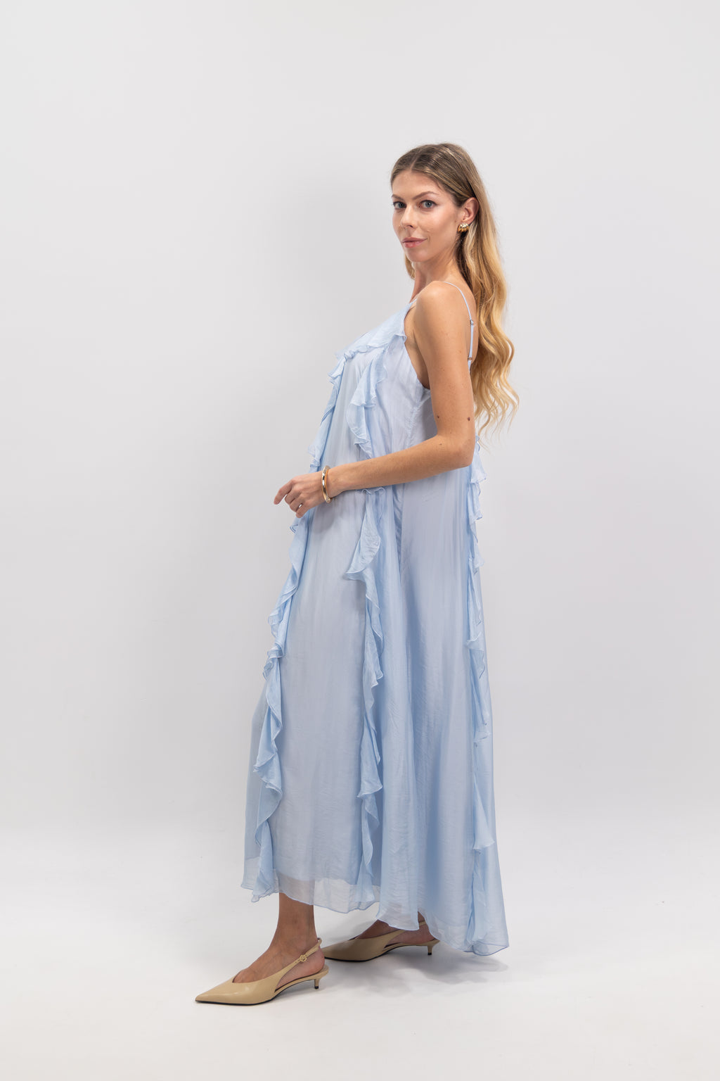 Long silk dress with ruffles