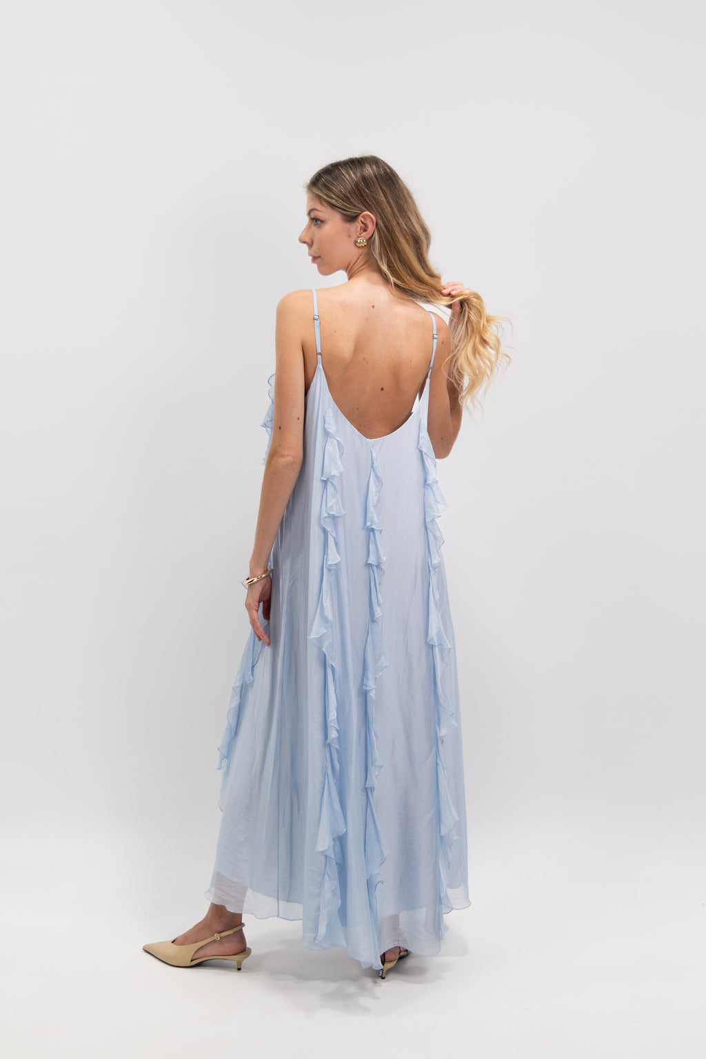 Long silk dress with ruffles