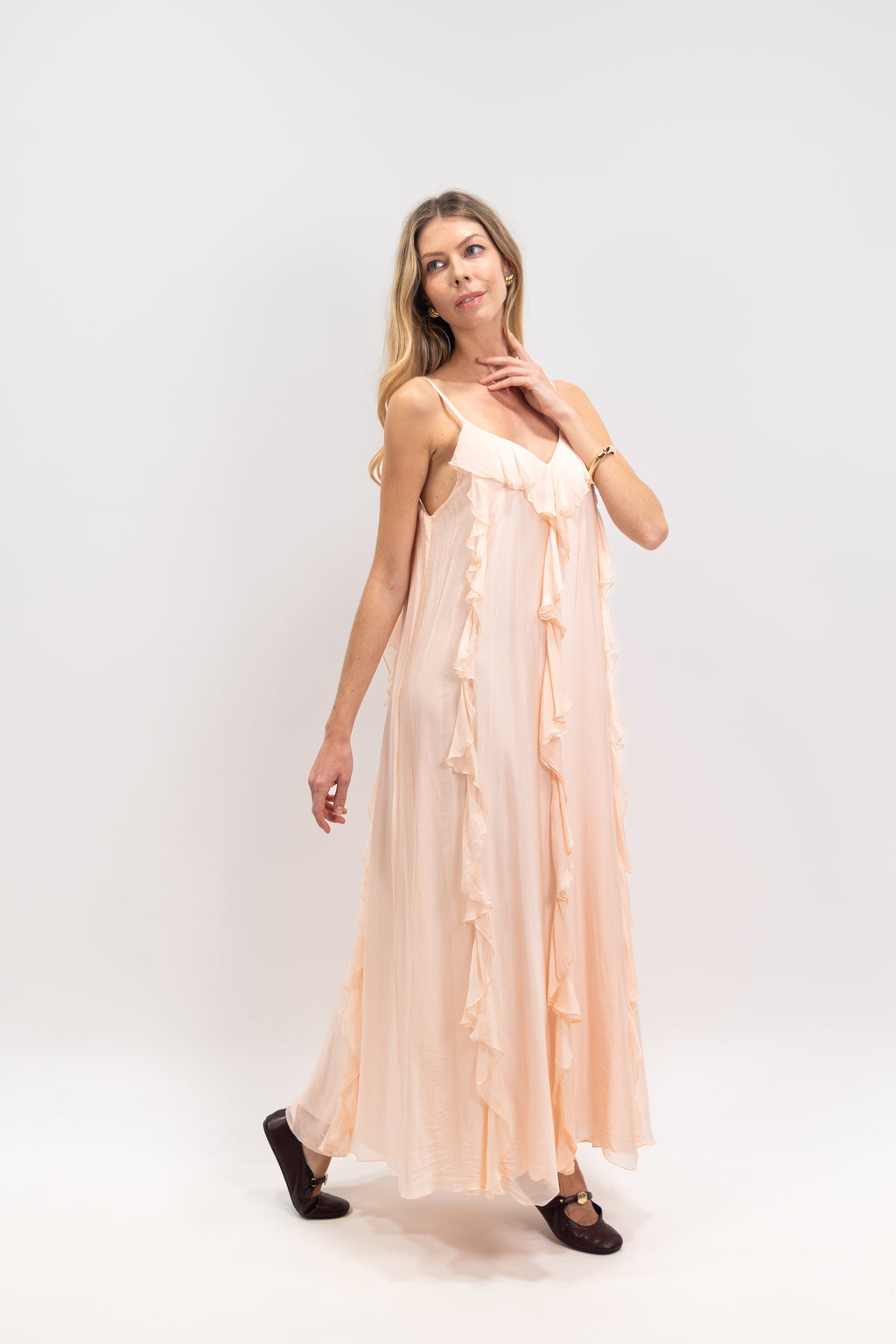 Long silk dress with ruffles