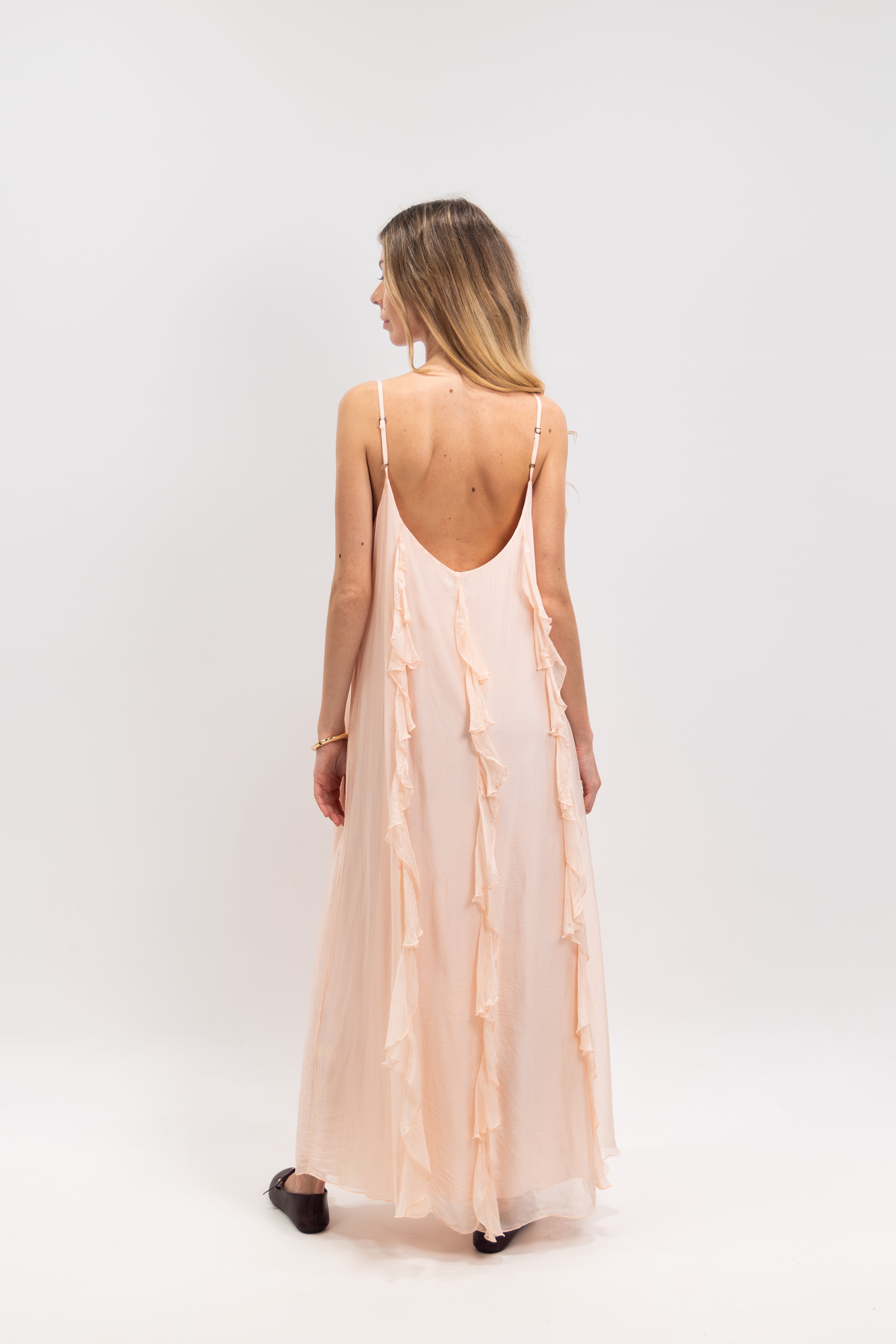 Long silk dress with ruffles