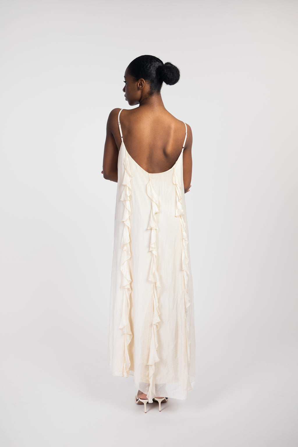 Long silk dress with ruffles