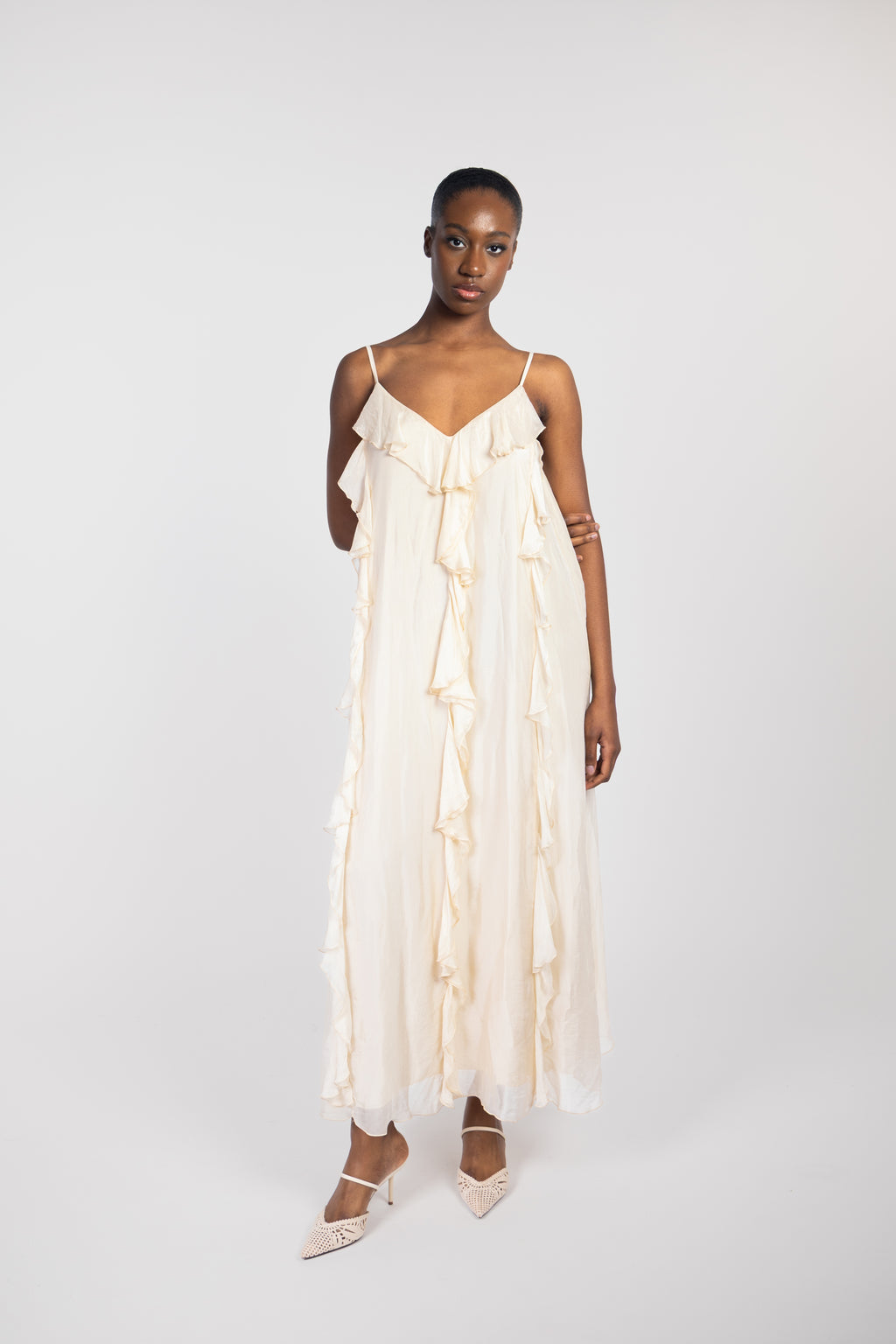 Long silk dress with ruffles