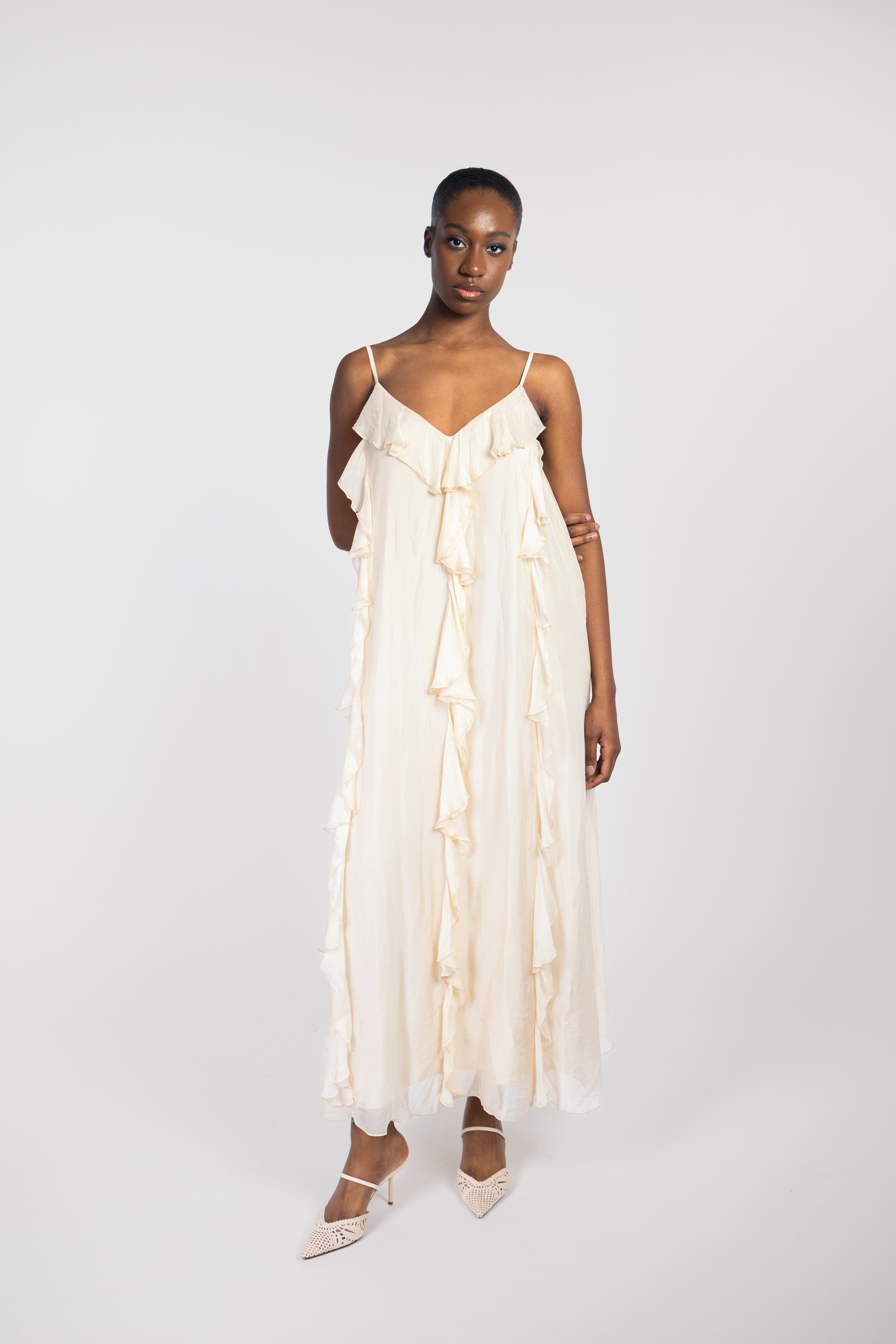 Long silk dress with ruffles
