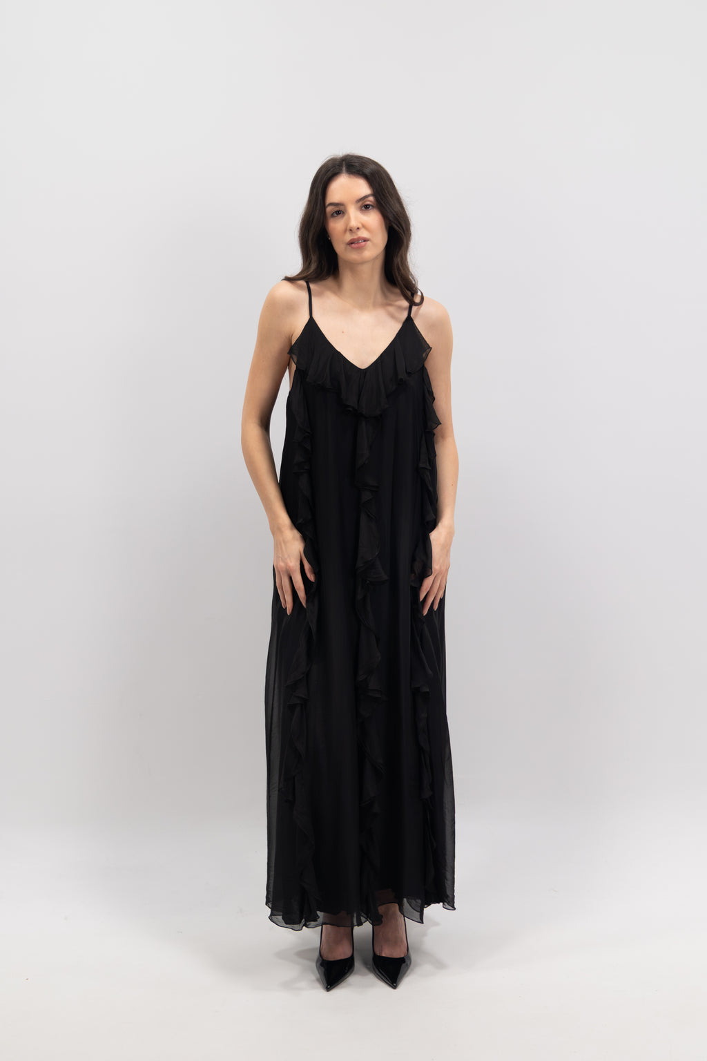Long silk dress with ruffles