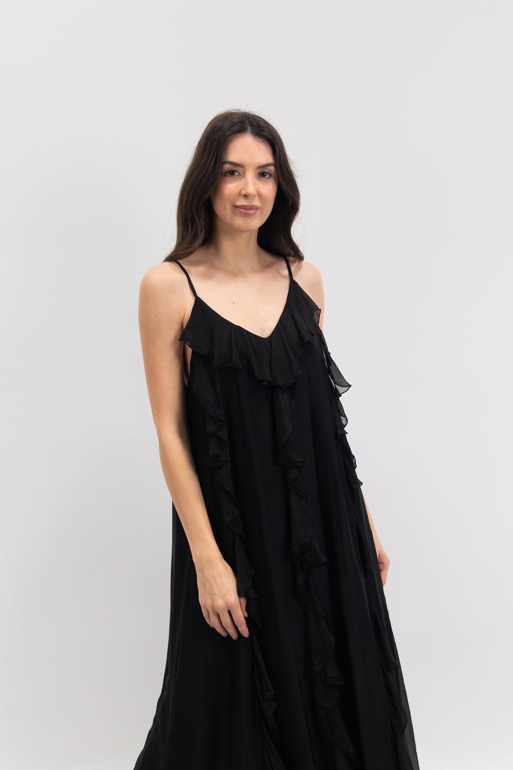 Long silk dress with ruffles