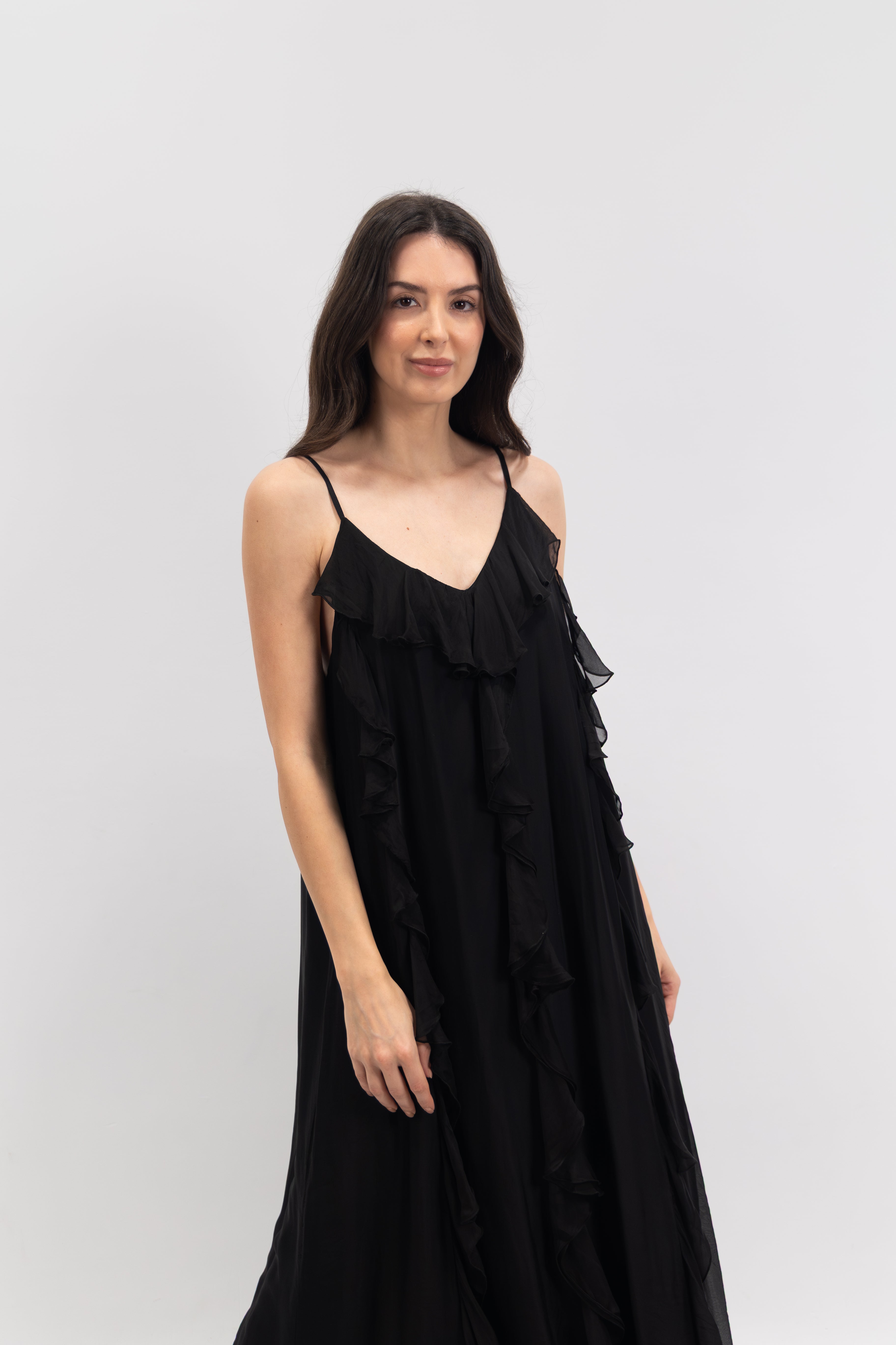 Long silk dress with ruffles