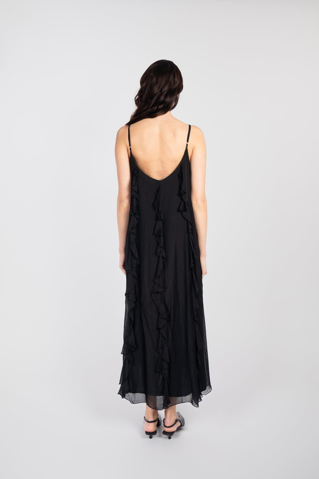Long silk dress with ruffles