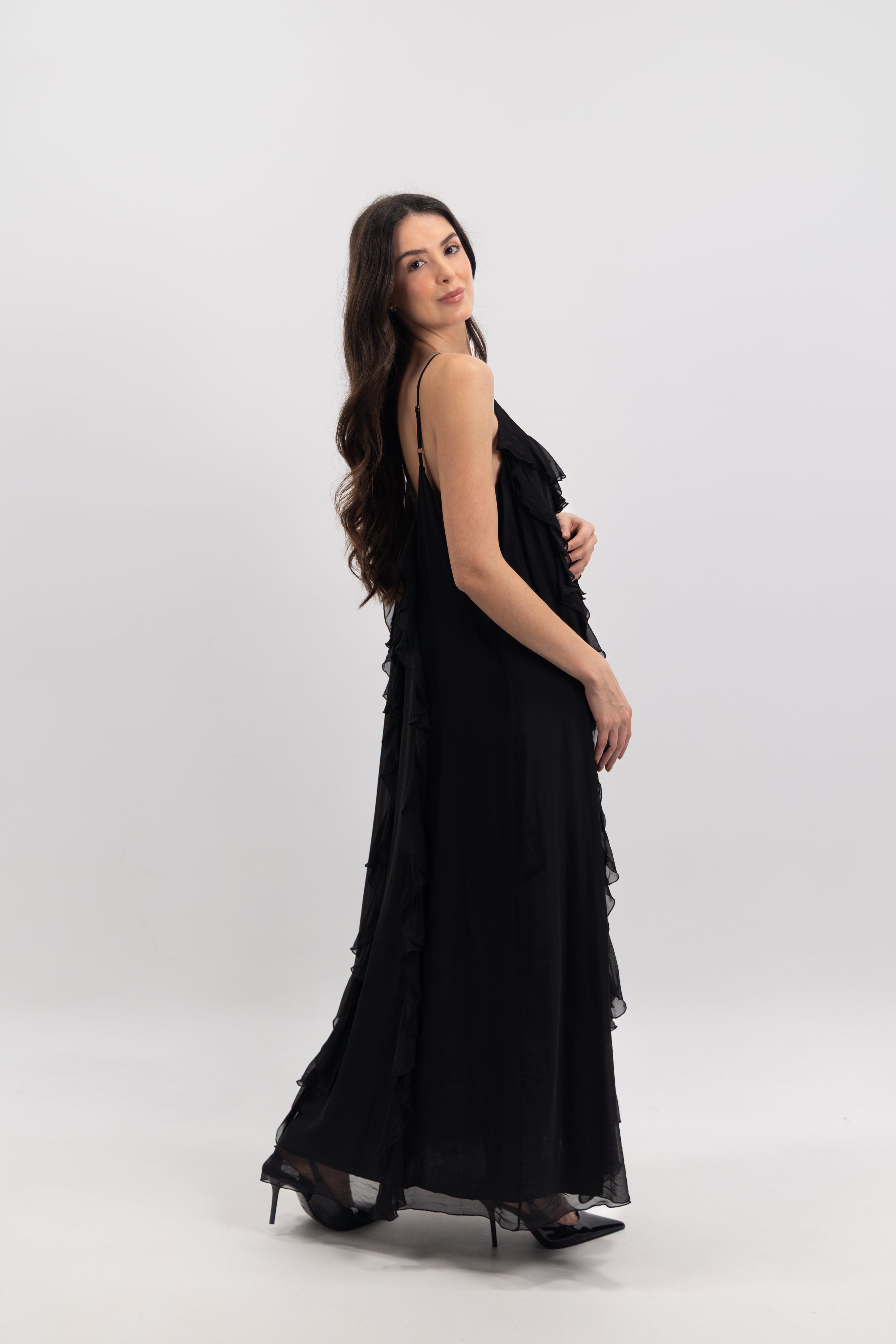 Long silk dress with ruffles