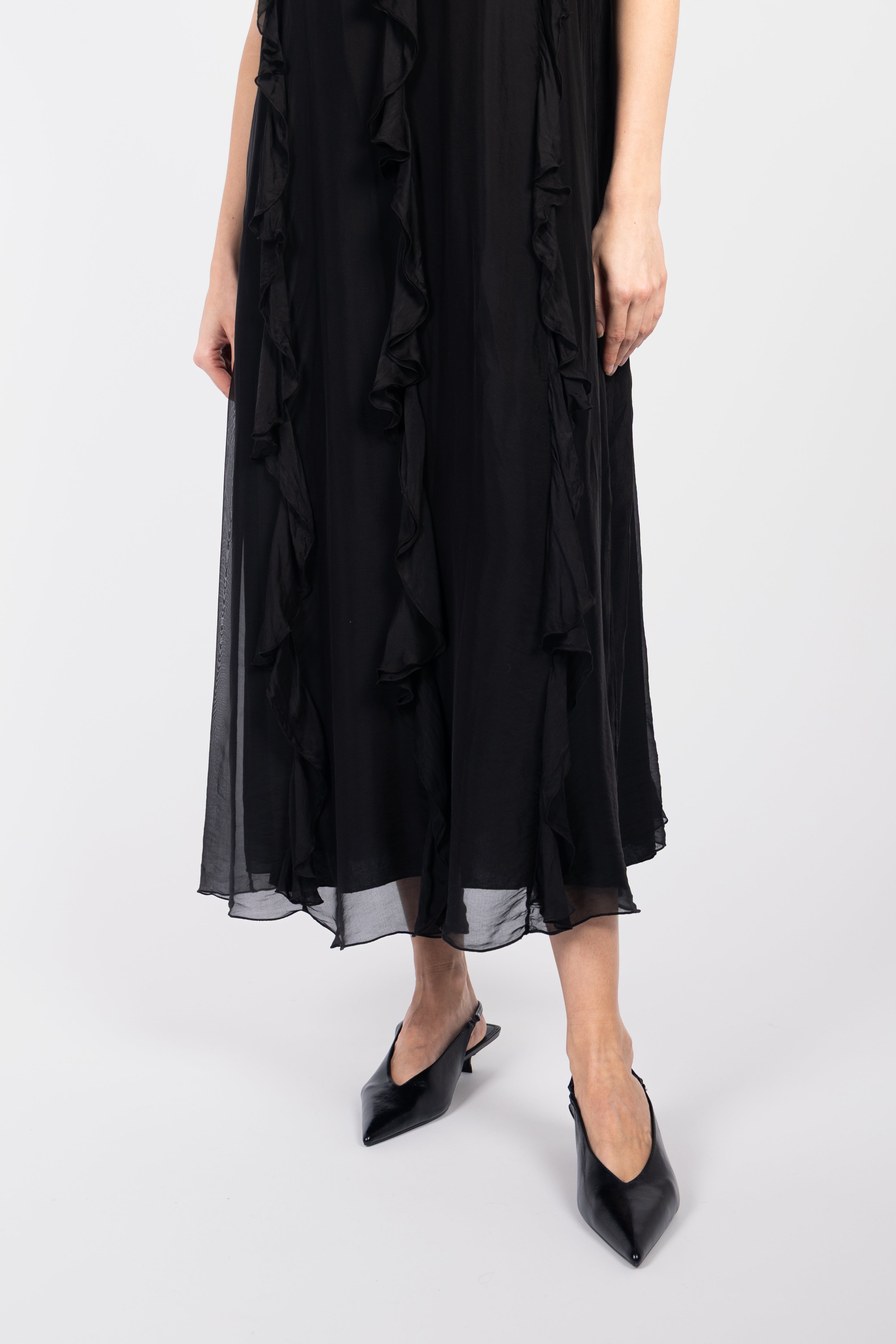 Long silk dress with ruffles