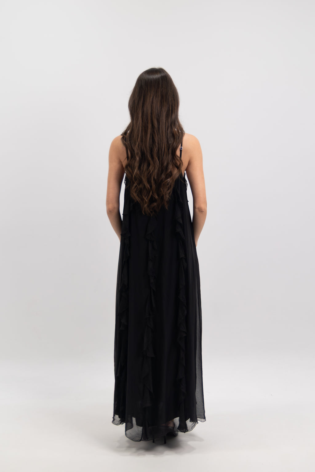 Long silk dress with ruffles