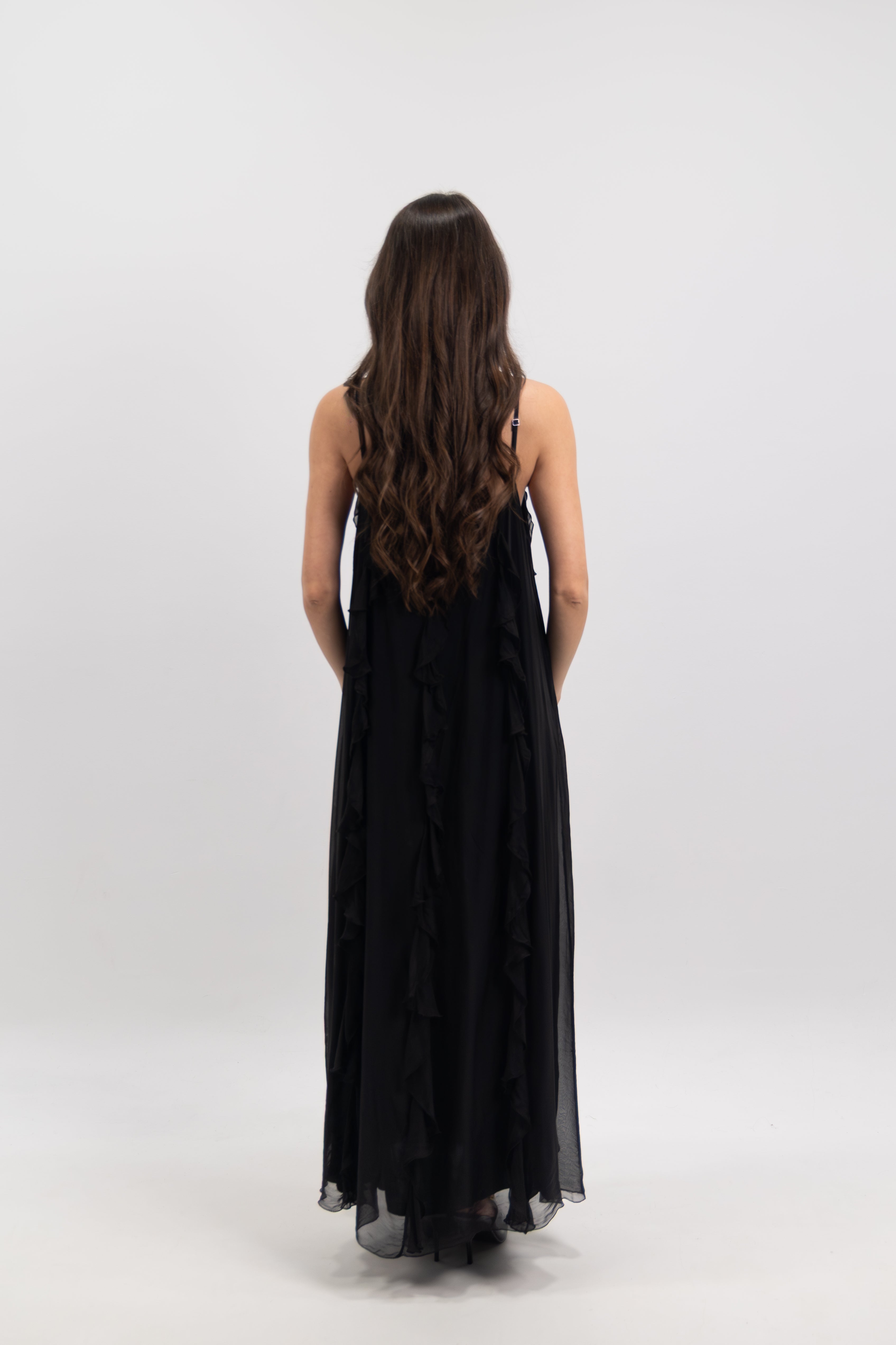 Long silk dress with ruffles