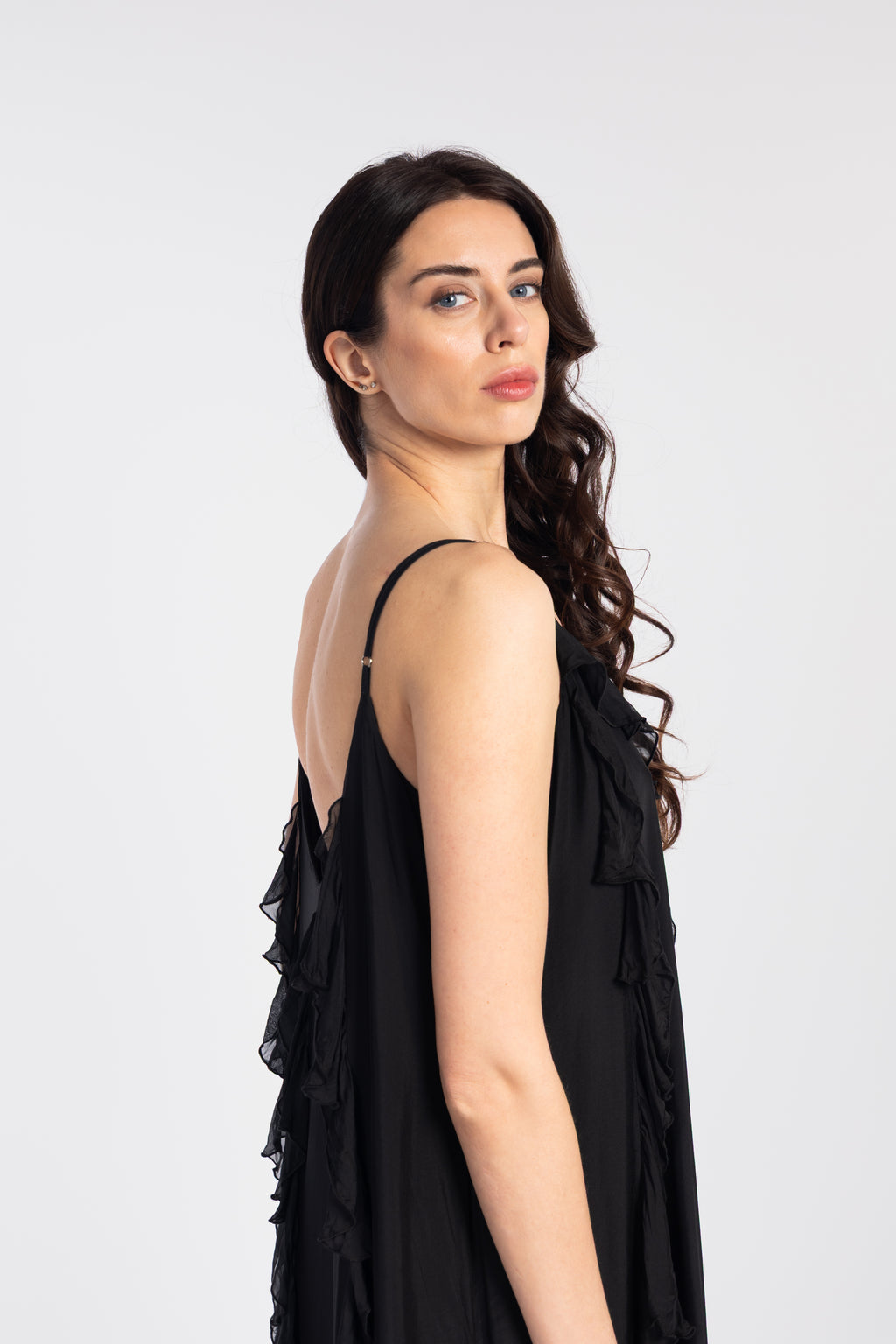 Long silk dress with ruffles