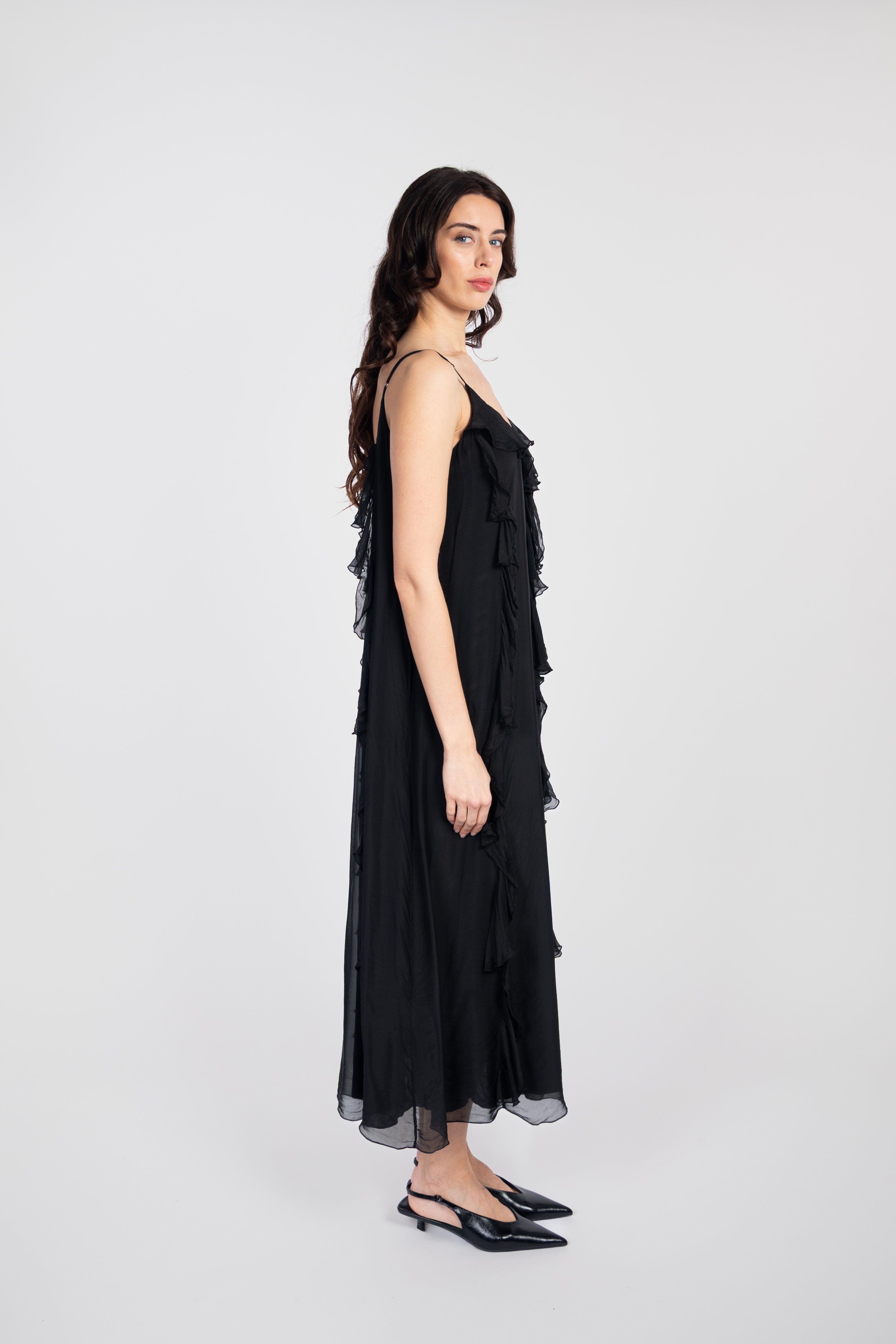 Long silk dress with ruffles