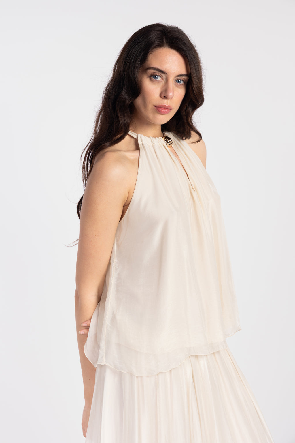 Silk off-the-shoulder jeweled top