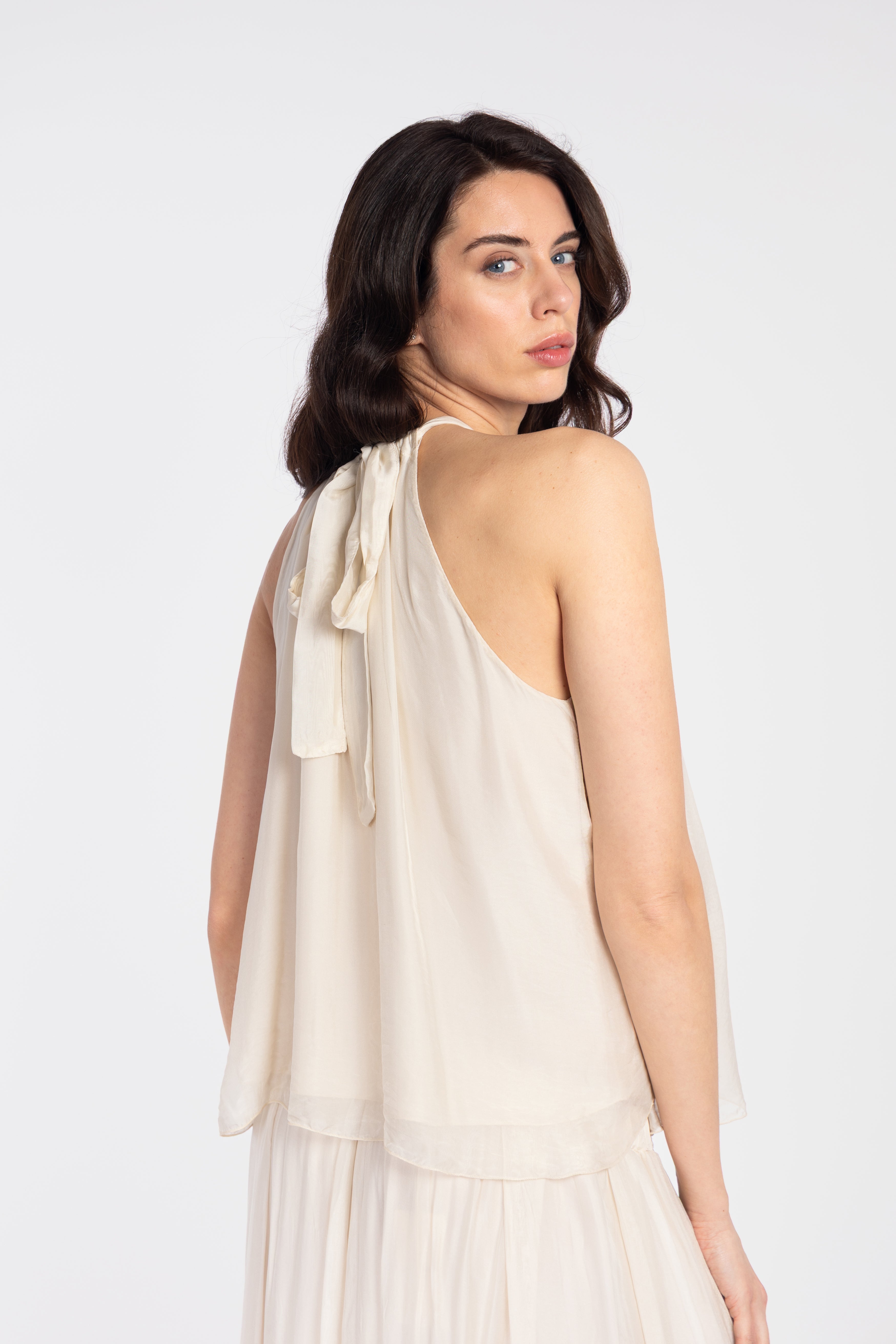 Silk off-the-shoulder jeweled top