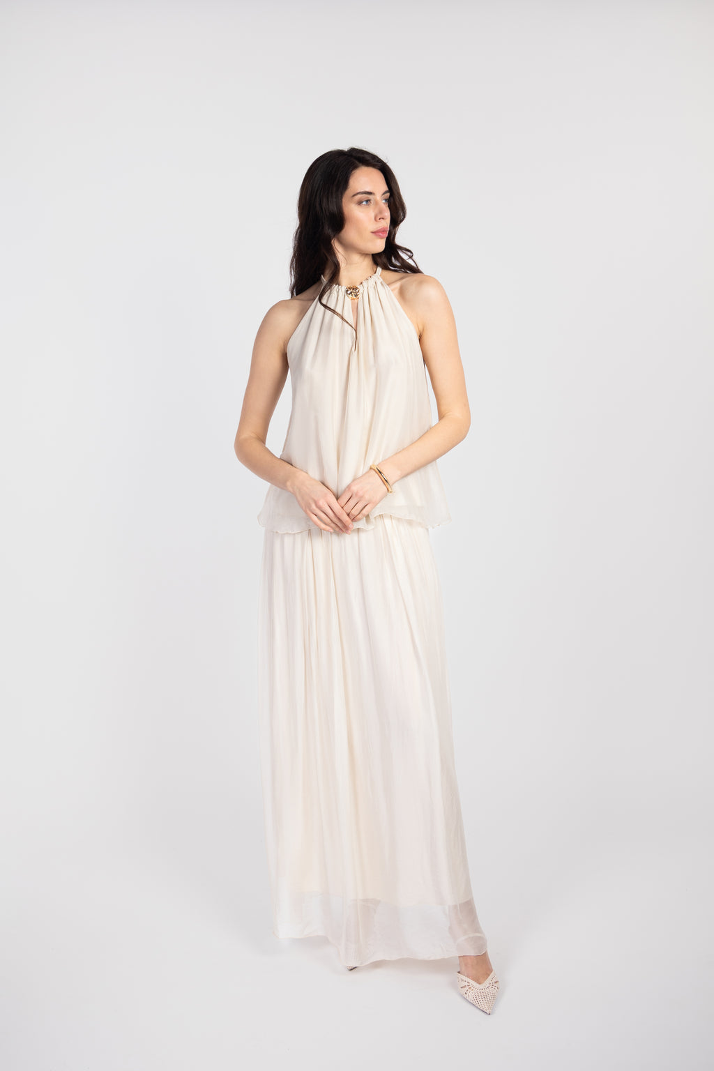 Silk off-the-shoulder jeweled top