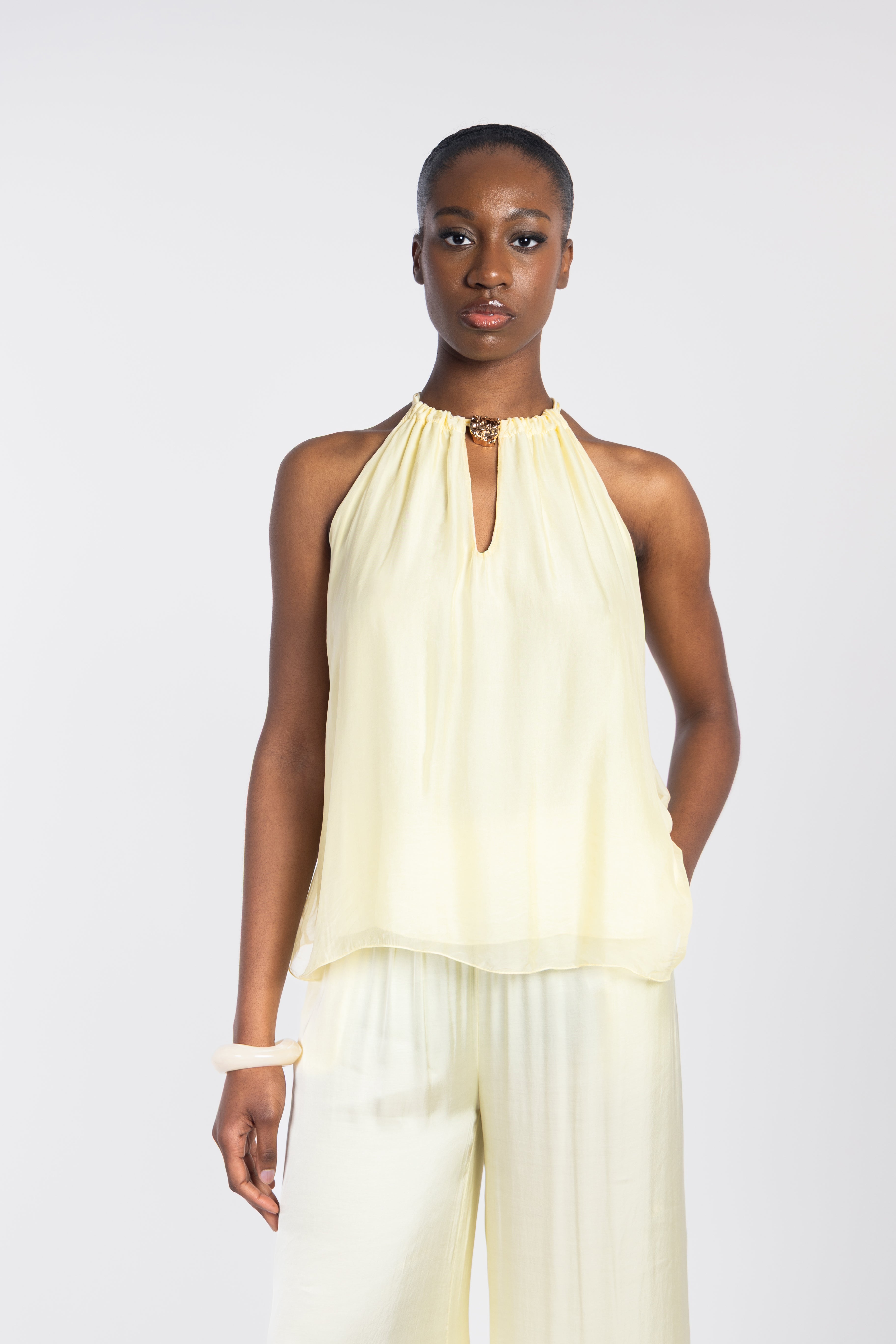 Silk off-the-shoulder jeweled top