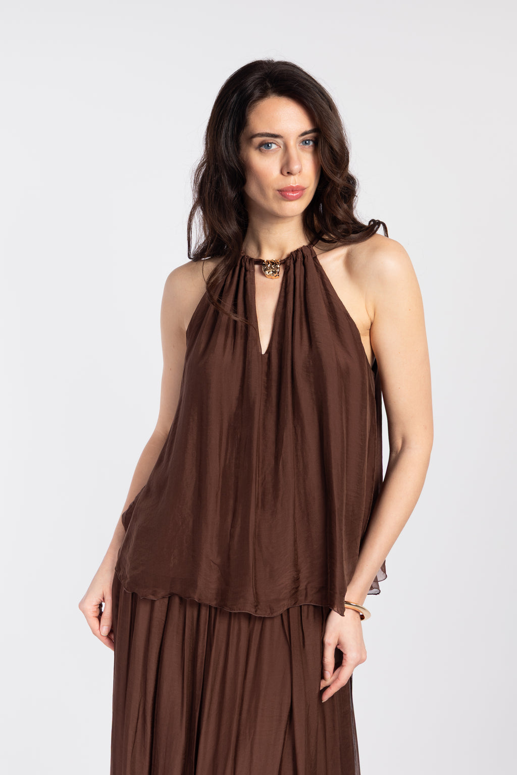 Silk off-the-shoulder jeweled top