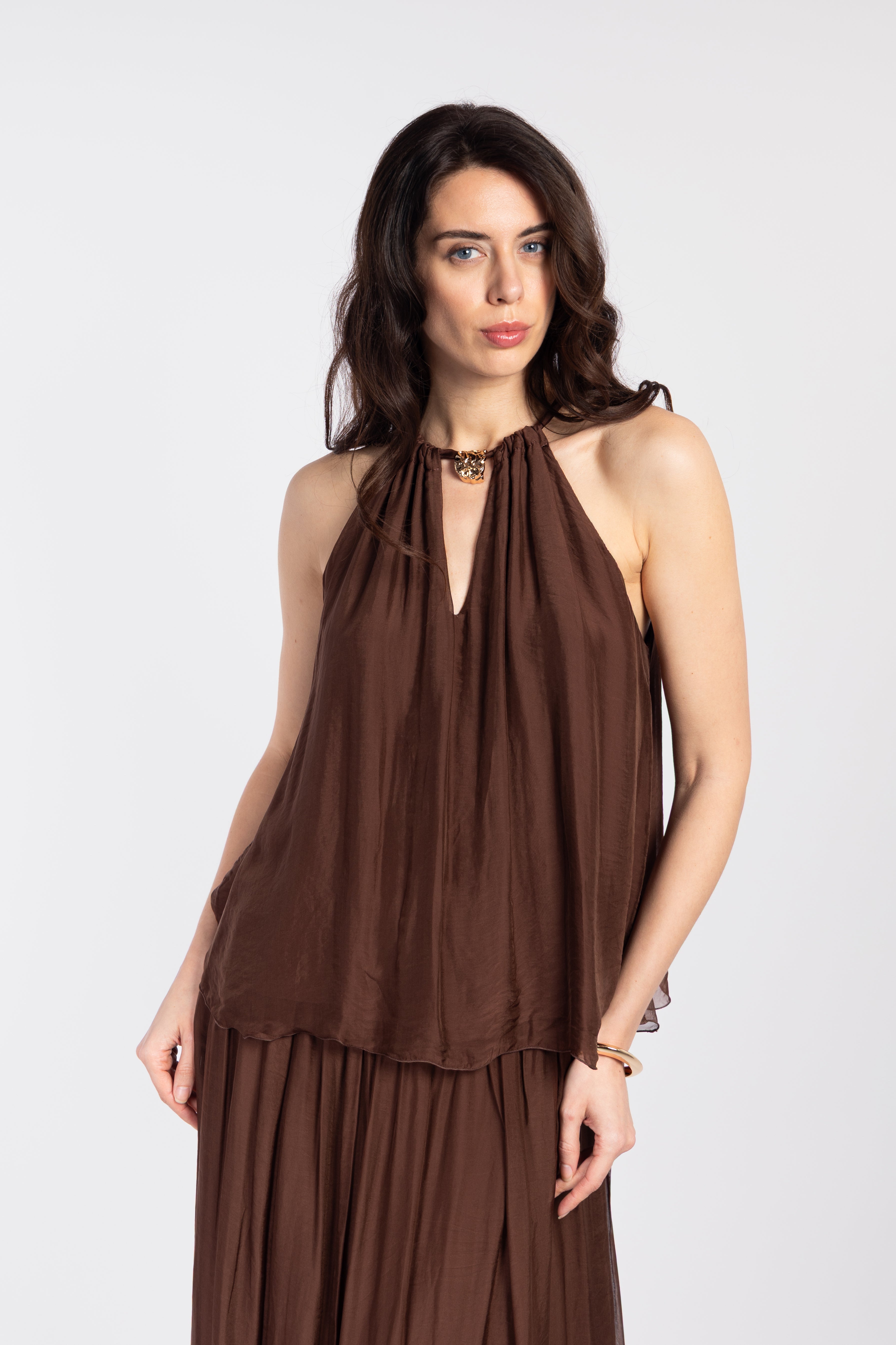 Silk off-the-shoulder jeweled top