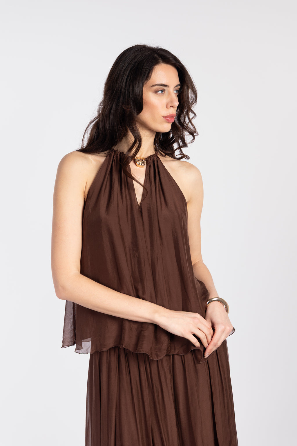 Silk off-the-shoulder jeweled top