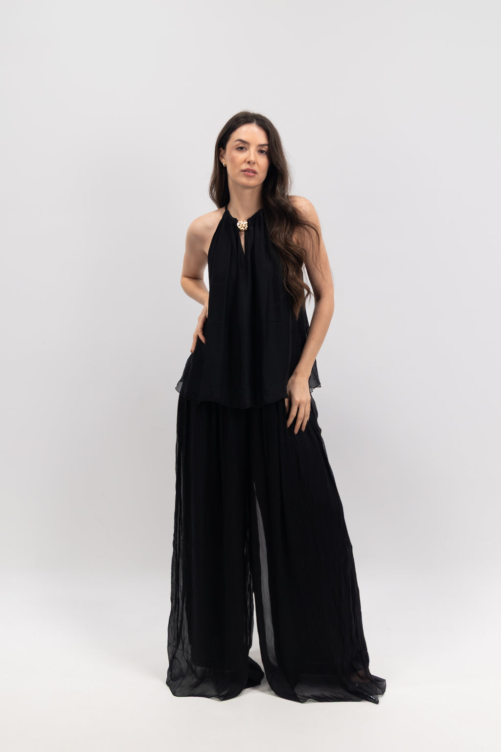 Silk off-the-shoulder jeweled top