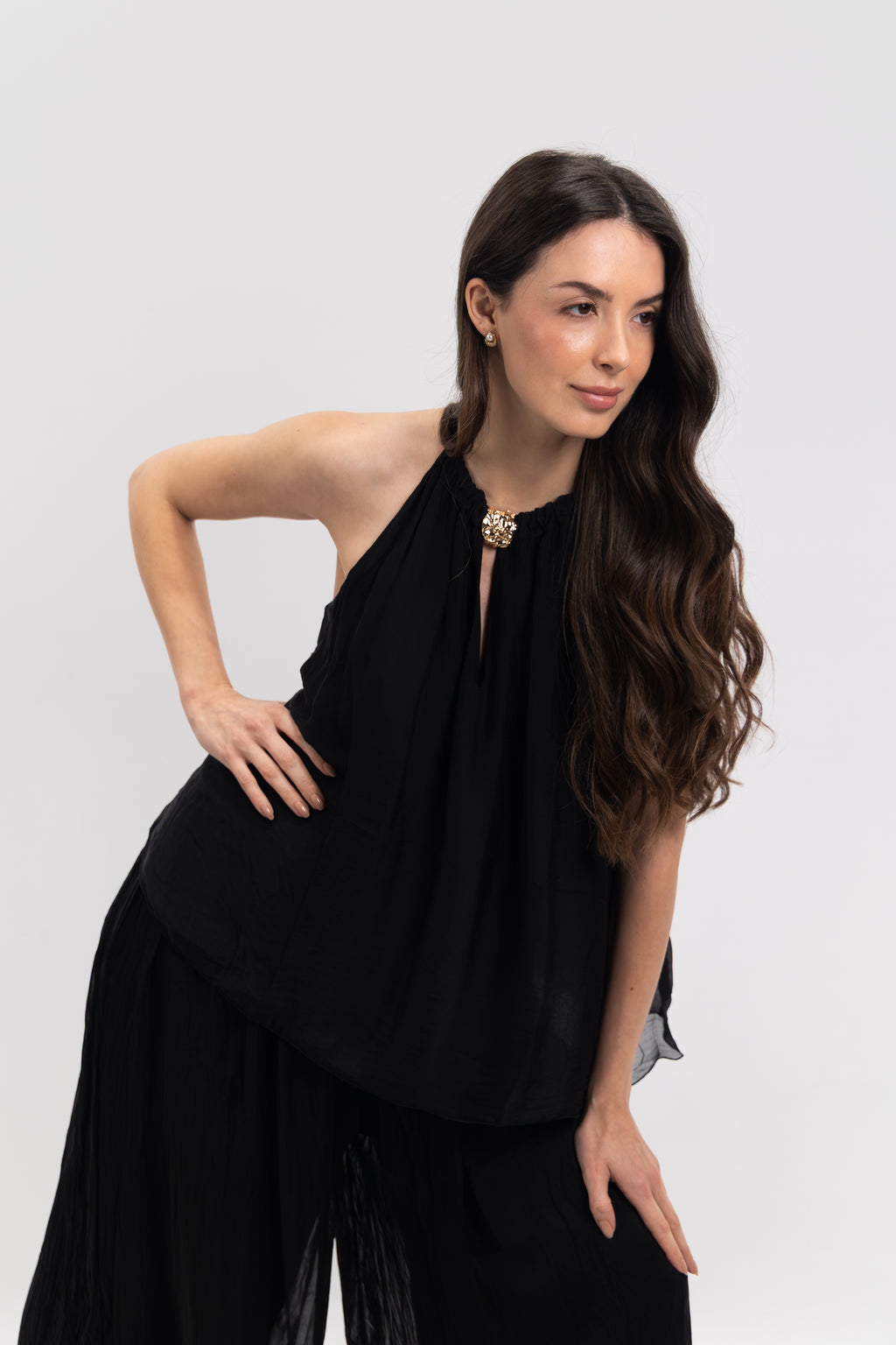 Silk off-the-shoulder jeweled top