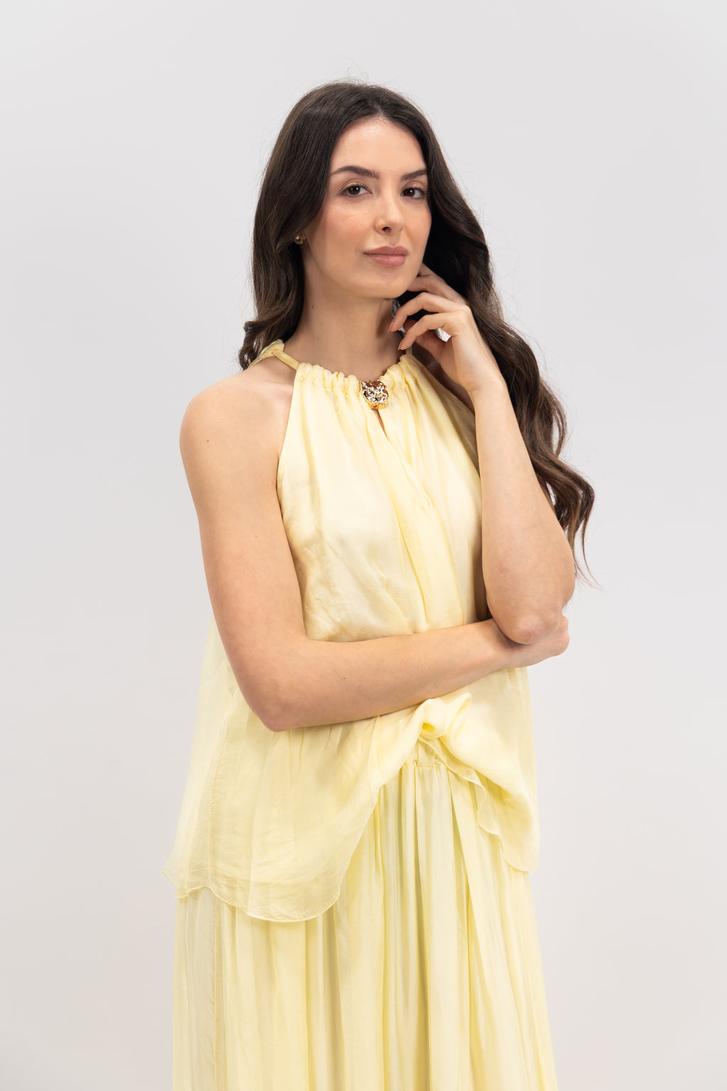 Silk off-the-shoulder jeweled top