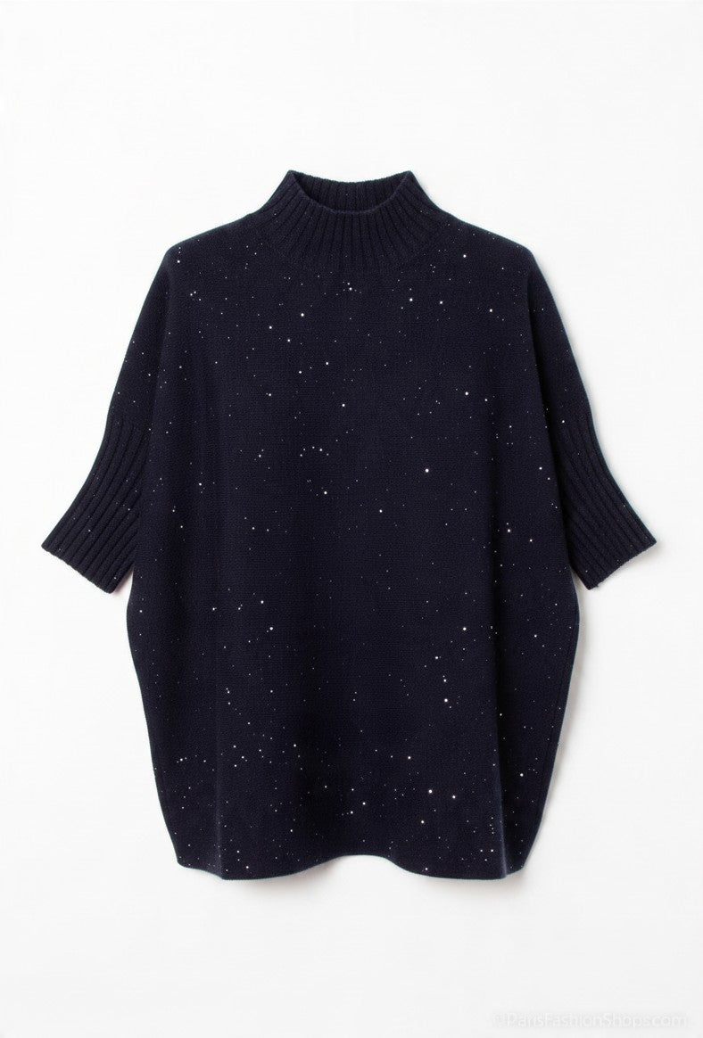 Pull col montant manches courtes à micro-sequins
