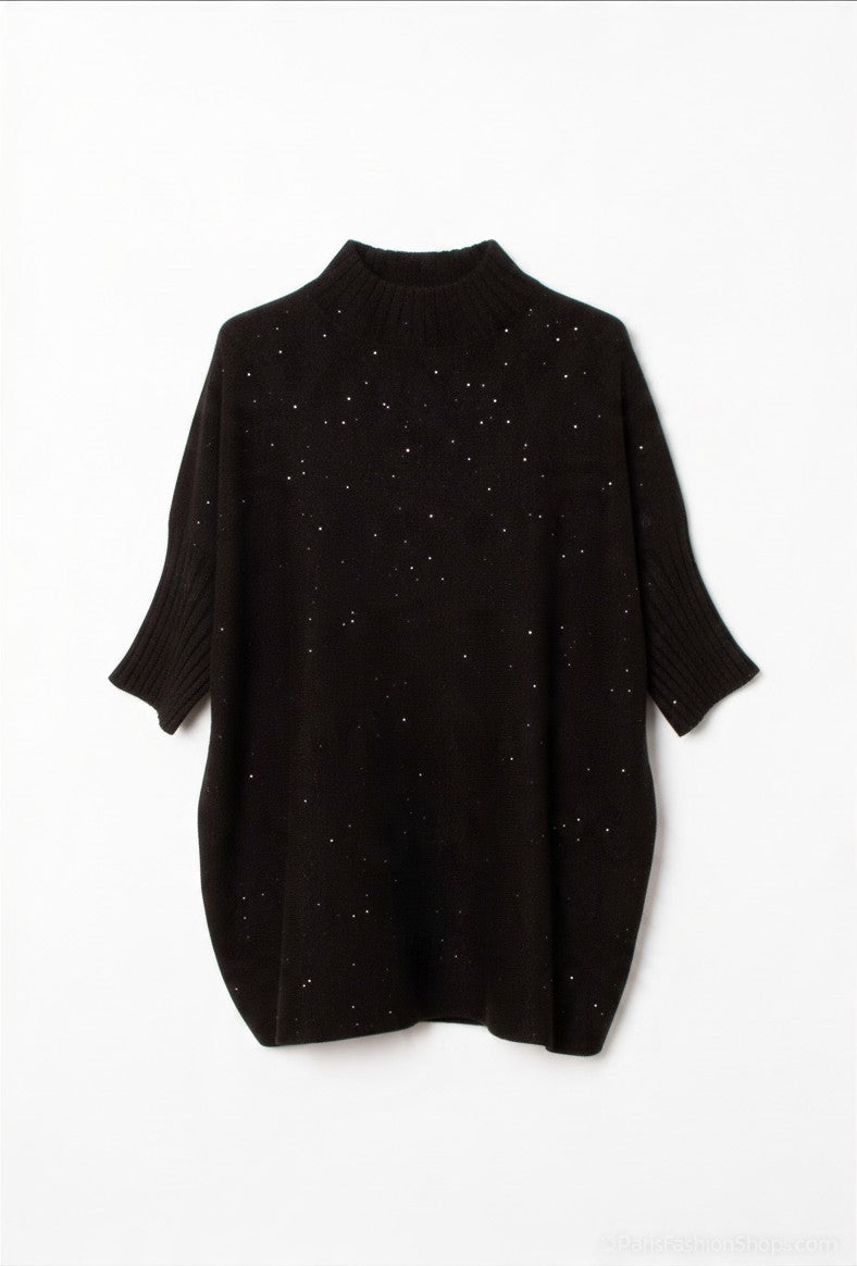 Pull col montant manches courtes à micro-sequins