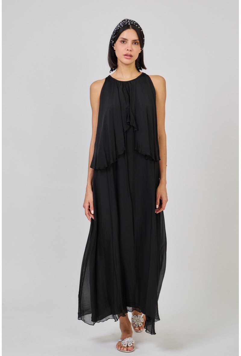 ROBE LONGUE A VOLANT EN SOIE MELANGEE