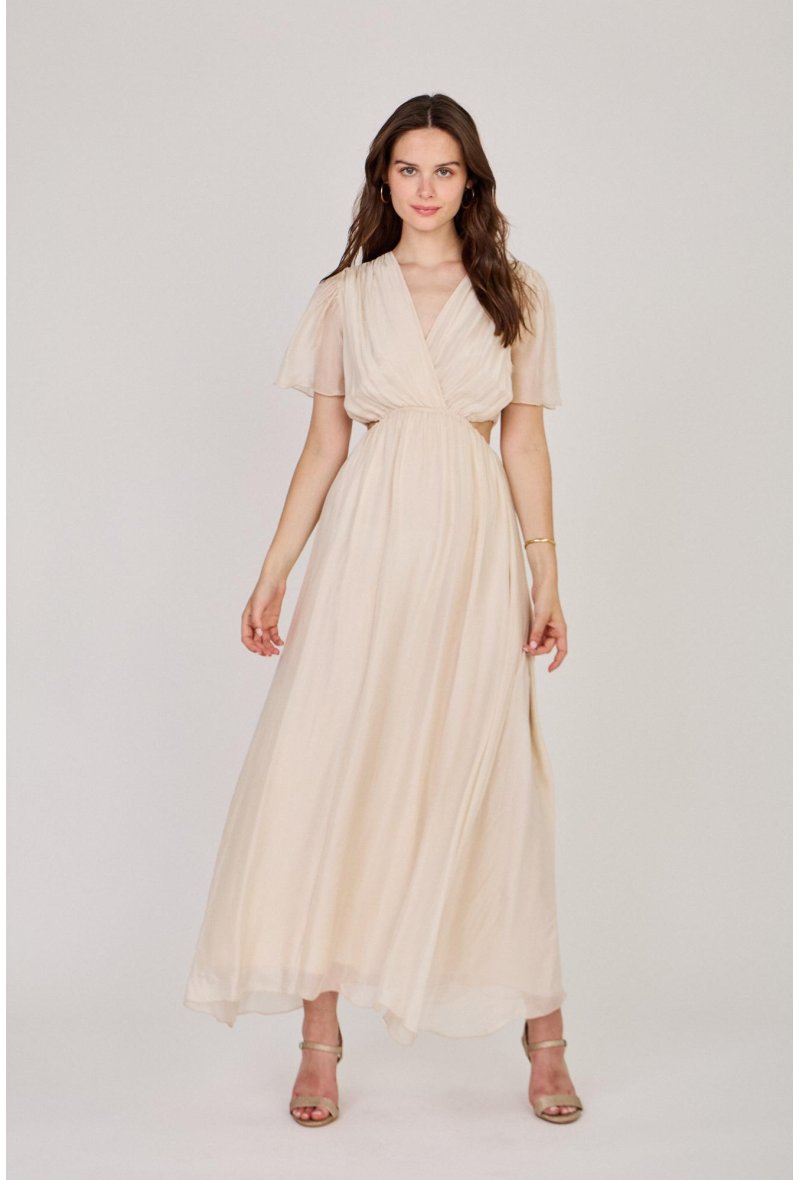 ROBE LONGUE COL V EN SOIE MÉLANGÉE