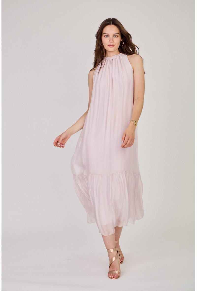 ROBE LONGUE COL ÉLASTIQUÉ EN SOIE MÉLANGÉE