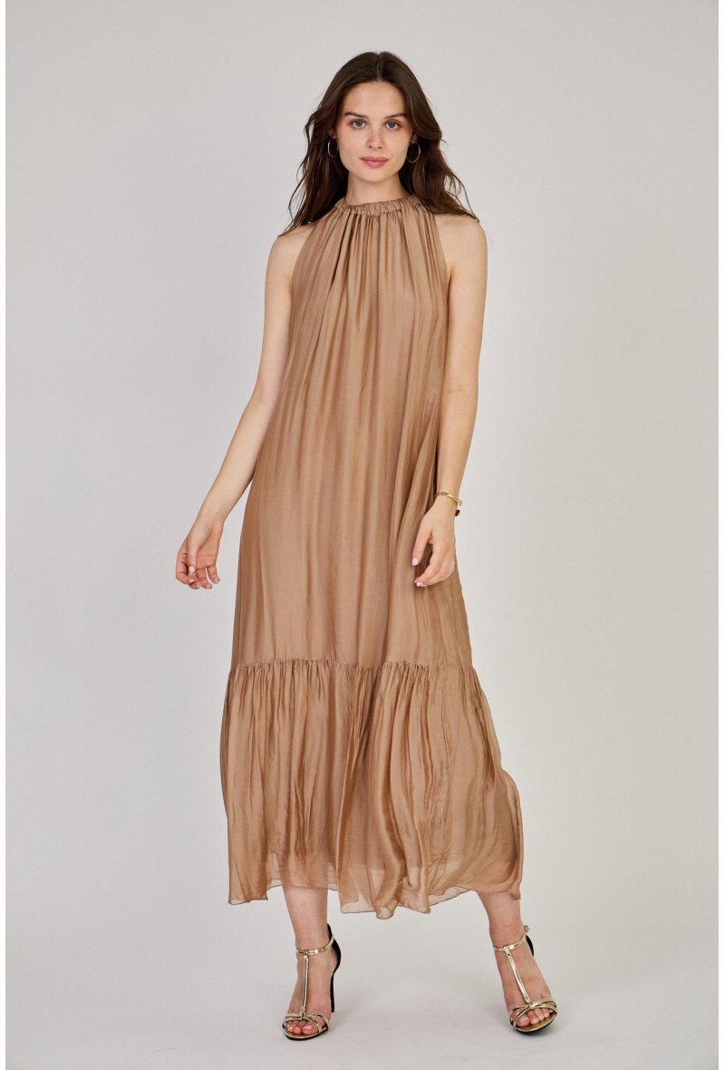 ROBE LONGUE COL ÉLASTIQUÉ EN SOIE MÉLANGÉE