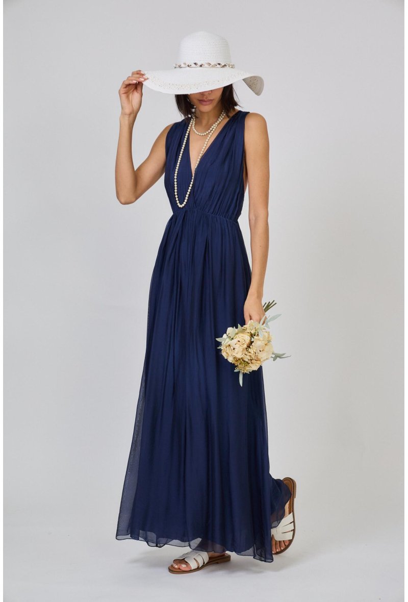 ROBE LONGUE COL DÉCOLLETÉ EN SOIE MÉLANGÉE