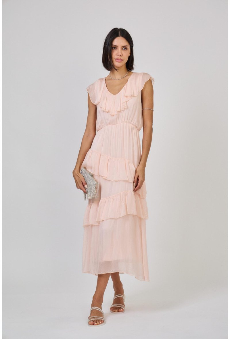 ROBE LONGUE A VOLANT EN SOIE MELANGEE