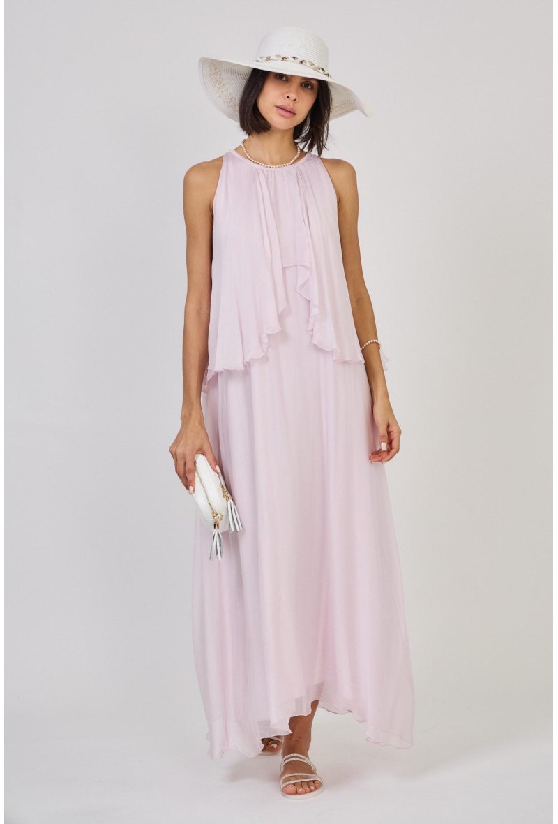 ROBE LONGUE A VOLANT EN SOIE MELANGEE